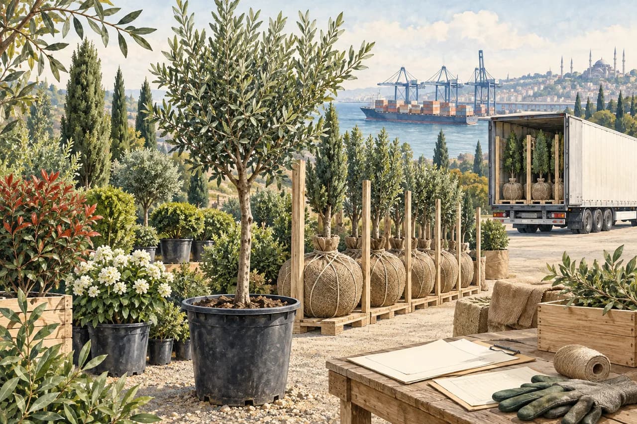 Sourcing ornamental plants from Turkey: an international buyer's guide — conceptual botanical illustration