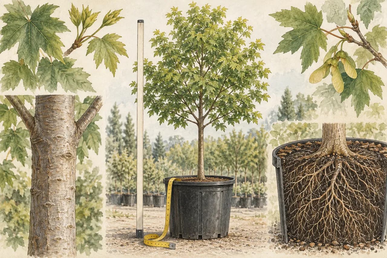 How to specify nursery tree height, girth and container size — conceptual botanical illustration