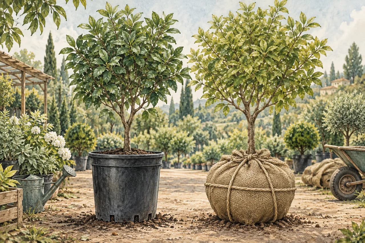 Container-grown or rootballed trees: choosing a supply format — conceptual botanical illustration