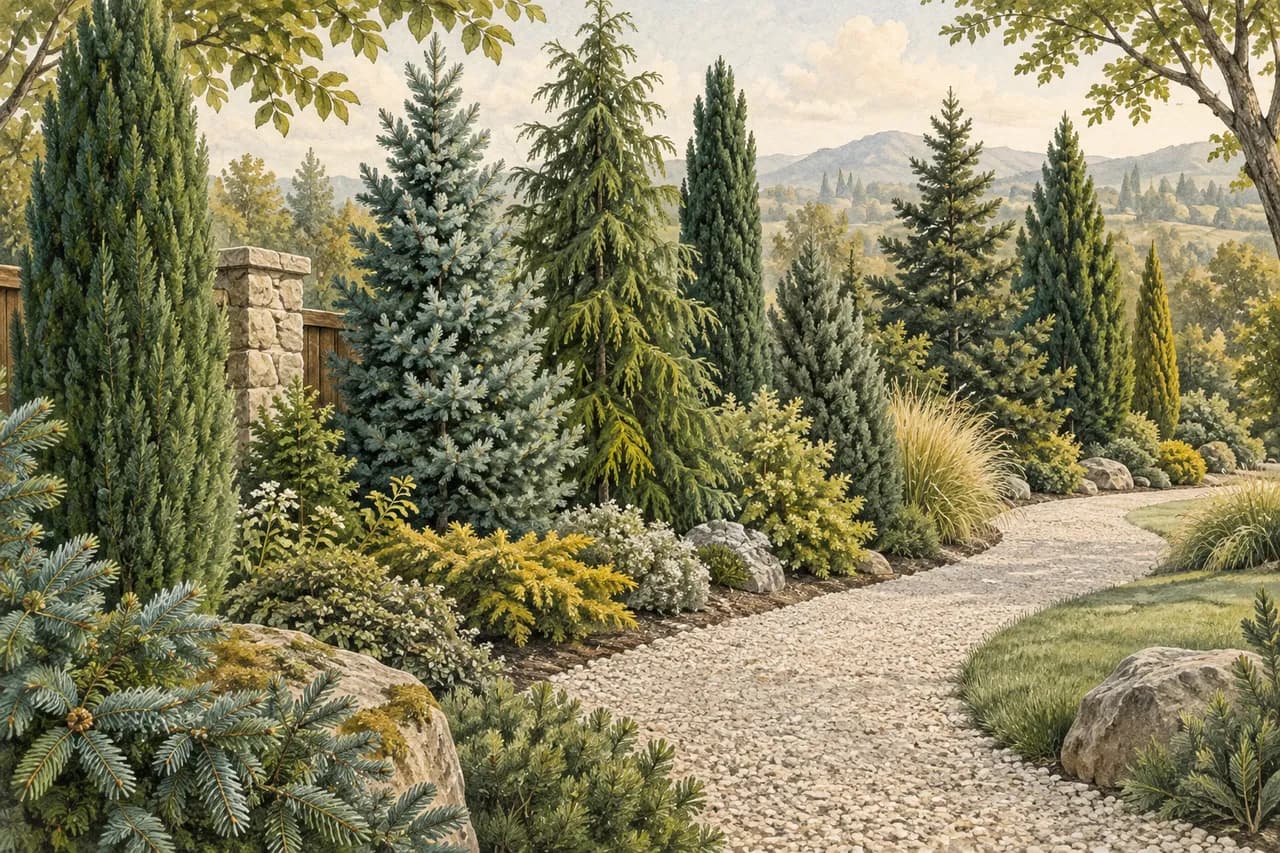 Choosing conifers for screening: a landscape buyer's guide — conceptual botanical illustration