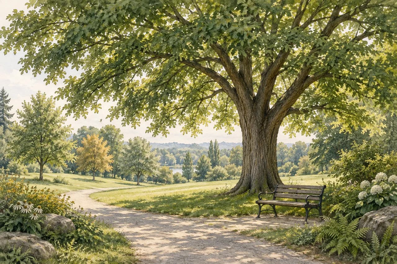 Selecting deciduous shade trees for landscape projects — conceptual botanical illustration
