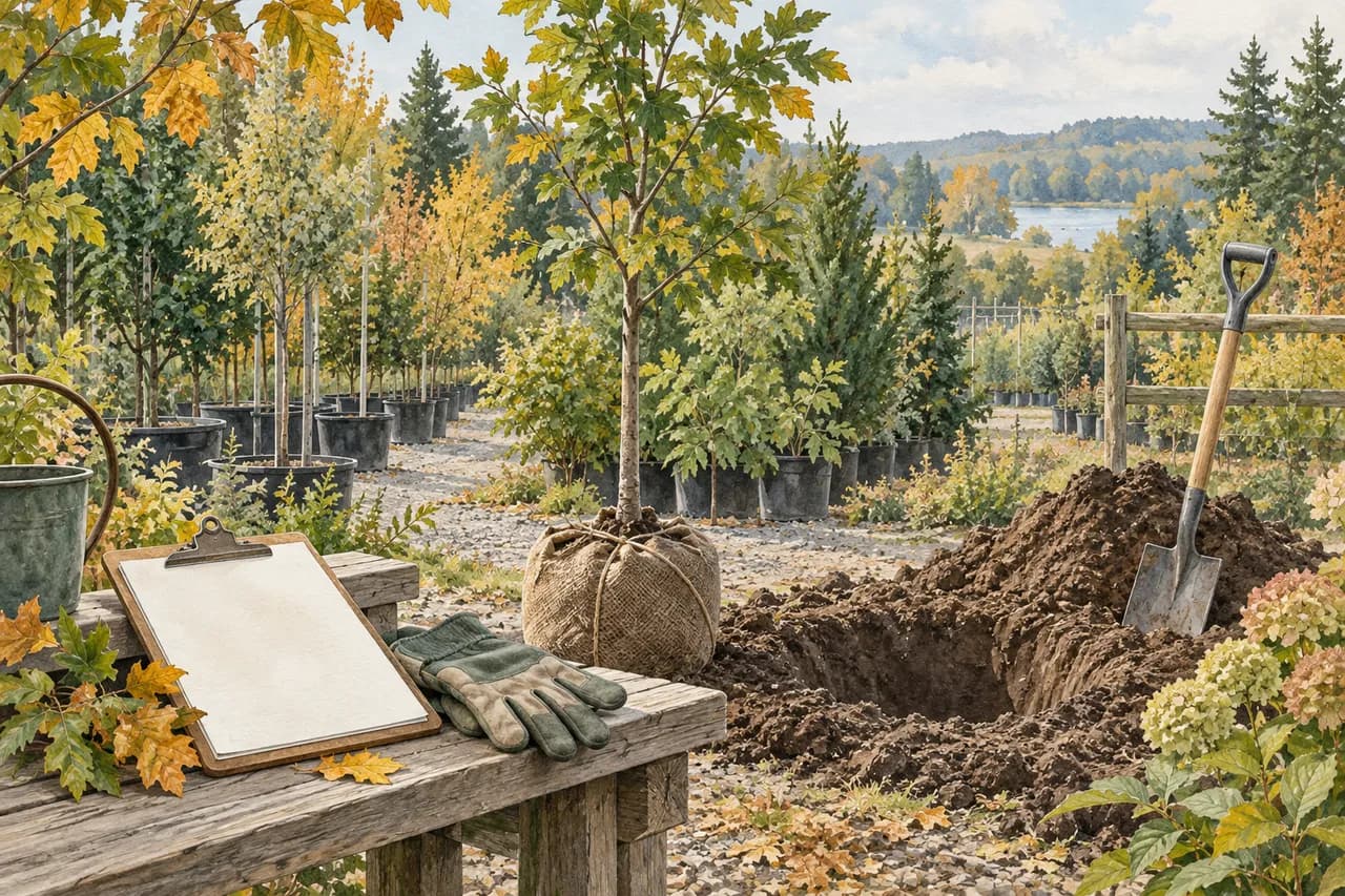 Tree planting timing: aligning procurement with site readiness — conceptual botanical illustration