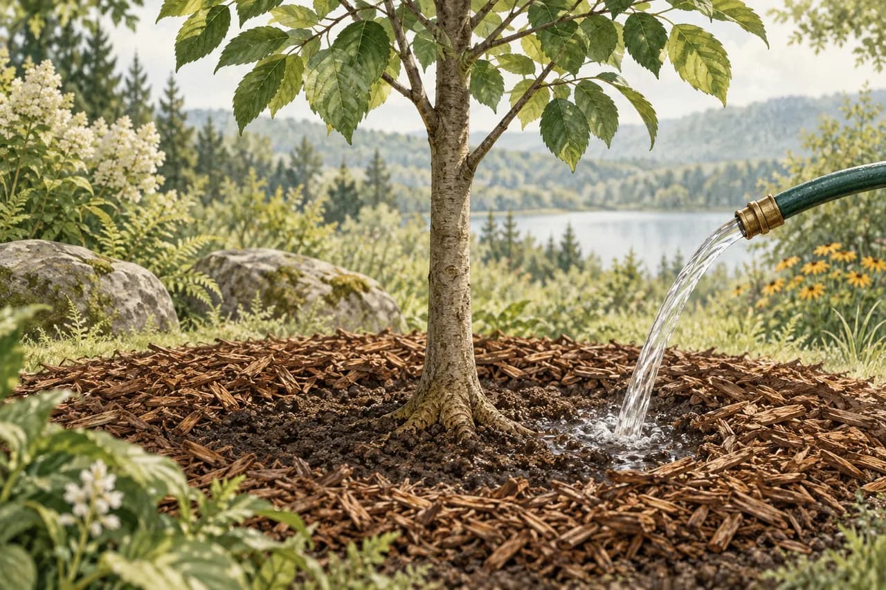 Building a watering and aftercare plan for newly planted trees — conceptual botanical illustration