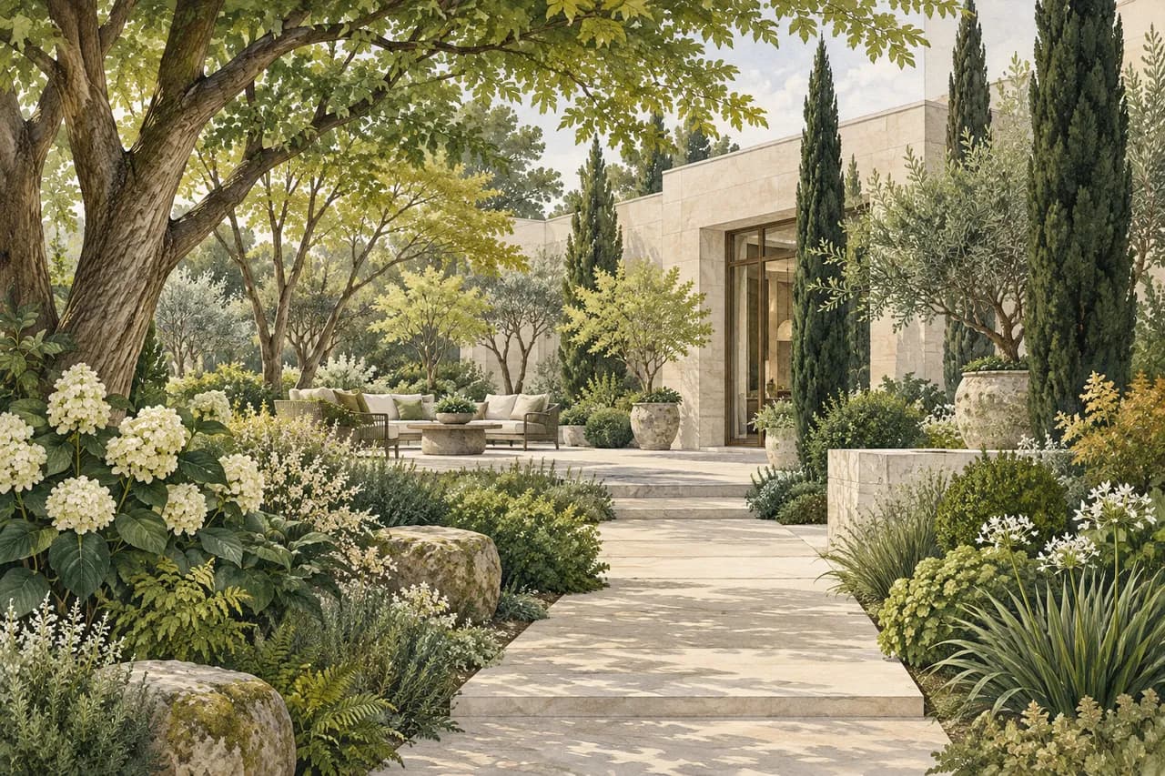 Plant procurement for hotel and residential landscape projects — conceptual botanical illustration
